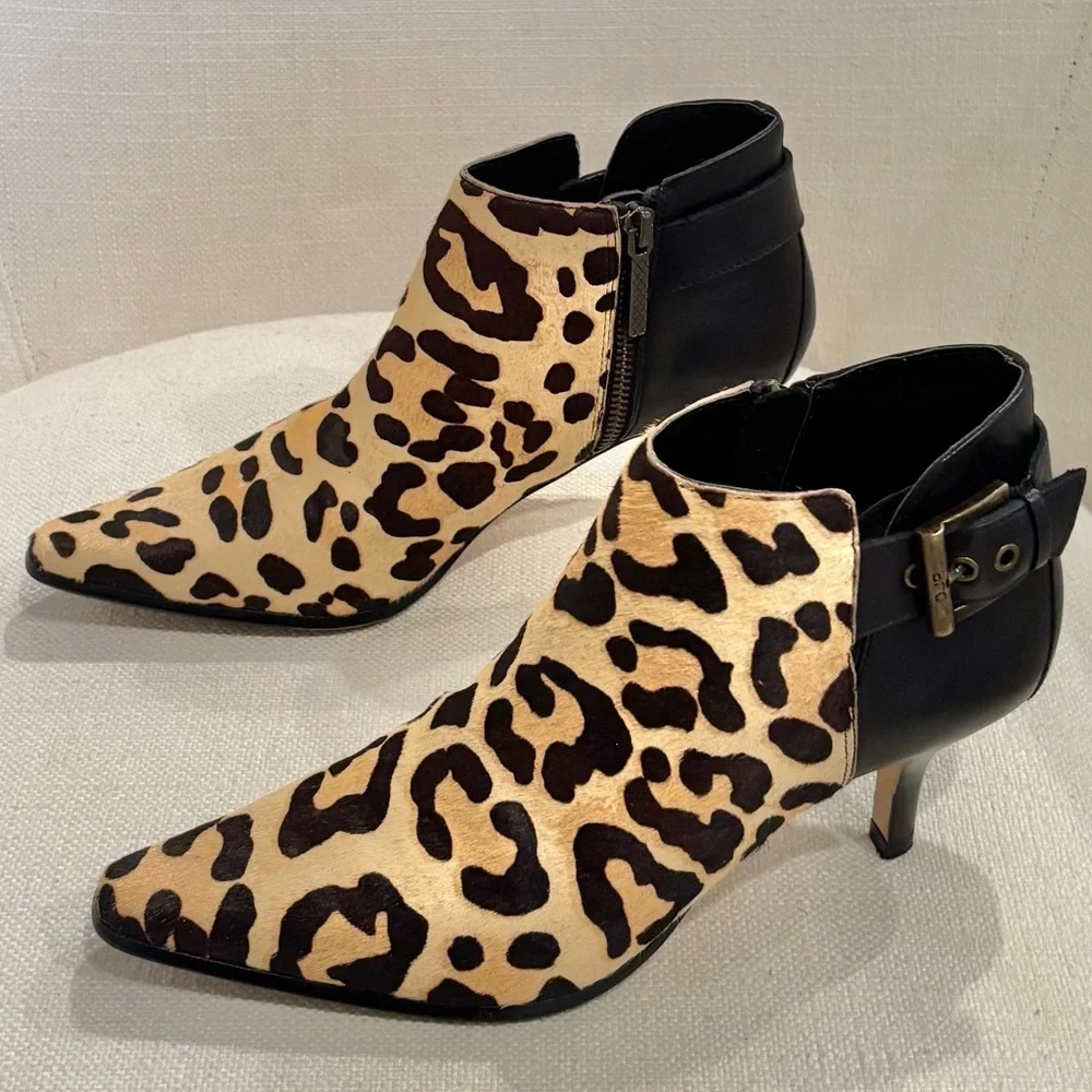 DONALD J. PLINER LURE Calf Hair Animal Print Kitten Heel Buckle Booties Size 8